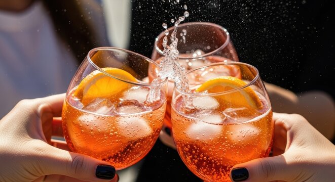 Refreshing aperol spritz toast with orange slices and sparkling bubbles outdoors