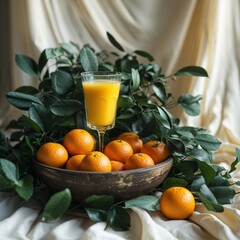 **A Vibrant Citrus Harmony**: Fresh, ripe **mandarins overflow** a rustic bowl, surrounding a stemmed glass of **bright orange juice**, all framed by **lush green foliage** and soft, draped fabric, ce