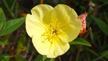 Vibrant Yellow Evening Primrose Flower in Soft Sunlight, Delicate Petals Unfurling.
