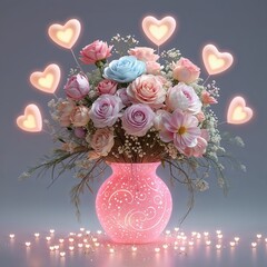 **A Luminous Bouquet of Affection**: Soft **pastel roses and blooms** erupt from a **glowing pink vase**, surrounded by a magical halo of **floating and scattered heart lights**, creating a scene of *