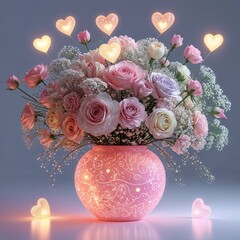 **Radiant Romance in Bloom**: A delicate bouquet of **pink and white roses** is housed in a glowing, patterned vase, surrounded by **ethereal heart-shaped lights**, creating a **magical and heartfelt 