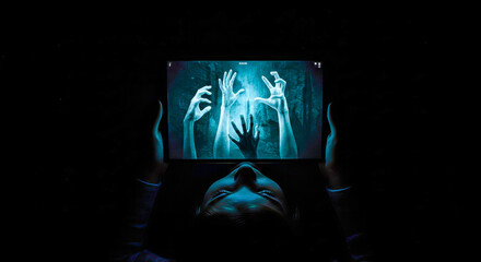 Scary content: hands from a tablet in the night