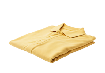 Folded yellow polo shirt isolated on transparent background, casual clothing for men and women