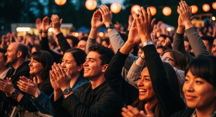Diverse group of young adults enjoying nighttime outdoor music festival with festive lanterns