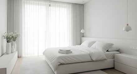 A minimalist white bedroom exudes calm with its clean lines, soft textures, and bright, airy atmosphere