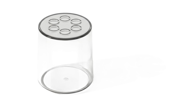 Single transparent cylindrical organizer with multiple openings, isolated on a white background, perfect for desk accessories or versatile bathroom storage solution