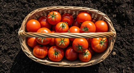 Fresh red tomatoes in woven basket on rich soil background