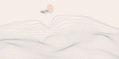 Vector abstract art landscape mountain with birds and sunrise sunset by golden line art texture isolated on white beige background. Minimal luxury style for wallpaper, wall art decoration.