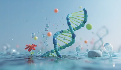 A 3D rendering of a DNA double helix amidst water, bubbles, and a small flower