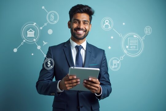 Young Indian Man in Business Attire Smiling and Holding Tablet on Transparent Background