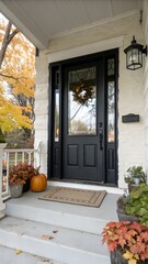 Glass plain black french front door step veranda porch white wall mat POD fall autumn Halloween