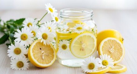 Refreshing lemon and chamomile infused water with fresh lemons and daisies on a wooden surface