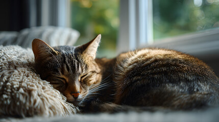 Sleeping cat basking in sunlight on a cozy pillow near a window.