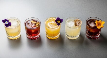 Assorted colorful cocktails with ice and edible flowers on gray background