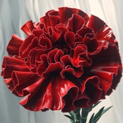 Velvet Ruffles of Passion: A single, stunning dark red carnation with deeply frilled and glossy petals is captured in close-up, showcasing its dramatic texture and luxurious, rich color against a soft