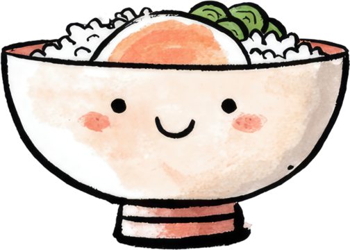 Cute bowl of rice with egg and peas smiling and happy.