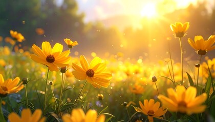 Vibrant yellow flowers blooming under the warm, golden summer sun