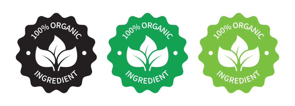 Icon stamp, label and certificate of 100 percent natural organic ingredients. Vector illustration