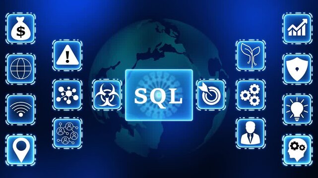 S Q L database technology concept with global network icons and business analytics symbols digital interface