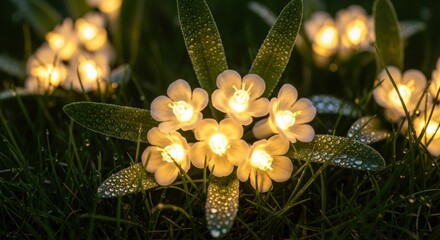 Glowing led flower lights on dew-covered grass at night