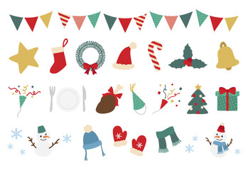 冬時期・クリスマスのラインイラストセット｜サンタ帽子・ツリー・リース・雪だるまなどのアイコン素材（ベクター）