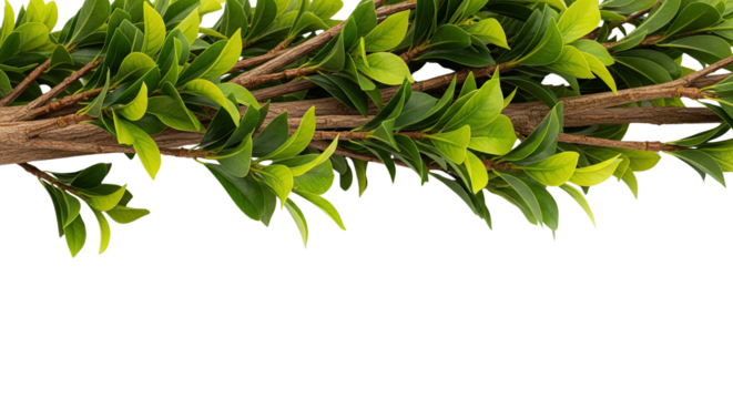 Transparent background, isolated, with a natural border or frame created by bright green leaves on brown branches along the top edge. Ecology and growth concept, png.
