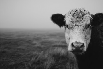 Black and White Cow in a Misty Pasture or Foggy Field