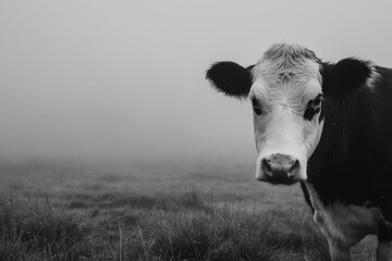 Black and White Cow in a Misty Pasture or Foggy Field