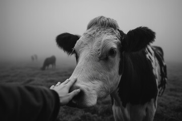 Black and White Cow in a Misty Pasture or Foggy Field