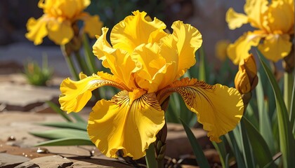 Vibrant Yellow Iris Bloom in Sunlight, Detailed Petals, Garden Focus.