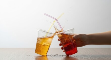 Hand holding plastic cups with splashing iced tea and soda on wooden table