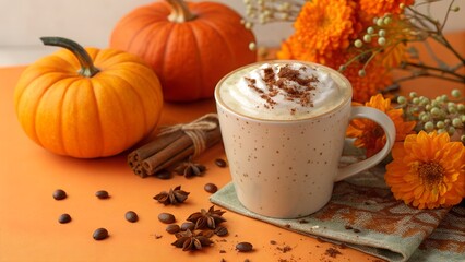 Pumpkin spice latte with coffee splash over orange background with orange pumpkins and flowers.