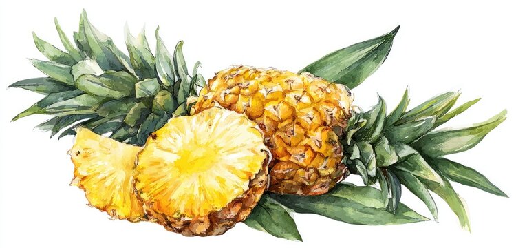 Watercolor painting of a pineapple, some sliced, showcasing leaves and yellow flesh