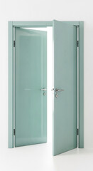Two light green wooden doors, one slightly open, against white wall, suggesting opportunity, transition, and new beginning in interior design