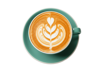 Latte art in a green cup isolated on a saucer, coffee drink with leaf design