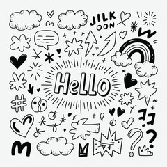 Discover a playful collection of hand-drawn doodle elements—arrows, hearts, stars, bubbles & more. Perfect for creative design, decoration & illustration.