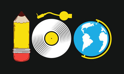 100 Days of School Creative Graphic – Pencil, Vinyl Record, and Globe Illustration for Art and Learning Themes