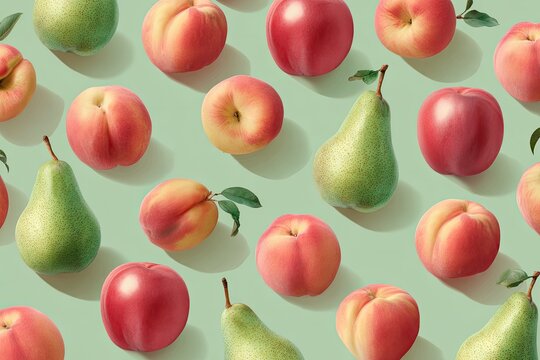 A colorful arrangement of peaches, pears, and apples cast shadows on a light-green backdrop