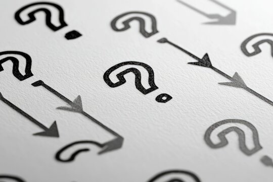 Question marks and arrows on paper, suggesting a decision-making process