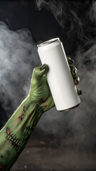 Spooky green zombie hand holding a blank white tin drink can POD Halloween design for beer soda