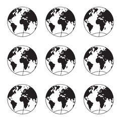 Globe Icon Set, Planet Earth Silhouette, World Map Outline, and Environmental Vector Illustration