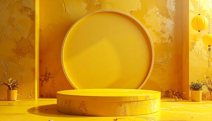 Vibrant Yellow Stage Podium with Abstract Textured Background and Subtle Greenery.