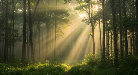 Obraz premium Forest Sunlight Beams Shine Through the Trees