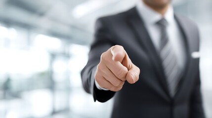 A businessman in a suit and tie pointing his finger directly at the camera. Symbolizes leadership, choice, authority, responsibility, or drawing attention. Background – blurred modern office interior.