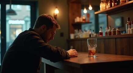 Lonely scene of man slouched at table with alcohol