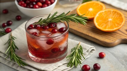 Thanksgiving cocktail. Red cranberry bourbon on the rocks with ice and rosemary. Autumn drinks.