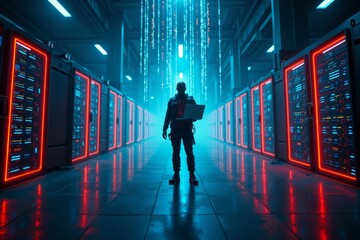 Chief Technology Officer of Big Data Center Dominates Neon-lit Cyberpunk Warehouse Scene