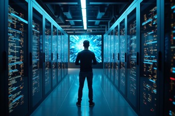 Title: A high-tech visionary in a cutting-edge data center, immersed in a sea of sleek servers and illuminated by a futuristic display of flashing lights and intricate data.