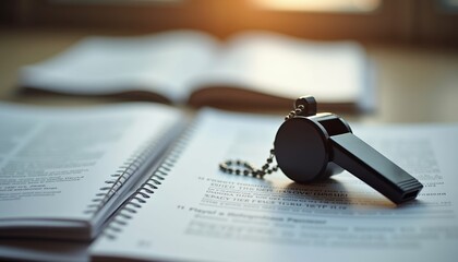 Black whistle on open books with sunlight background  