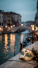 Venetian carnival mask on blurred night bokeh background of Venice in Italy on dark evening and